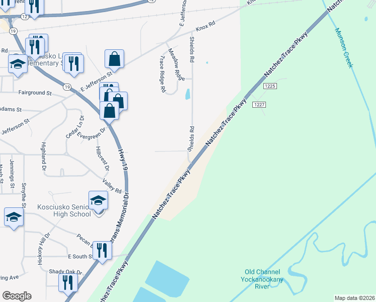 map of restaurants, bars, coffee shops, grocery stores, and more near 123 Shields Road in Kosciusko
