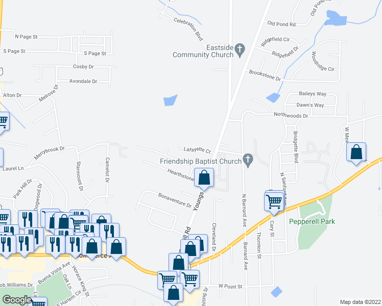 map of restaurants, bars, coffee shops, grocery stores, and more near 123 Lafayette Court in LaGrange
