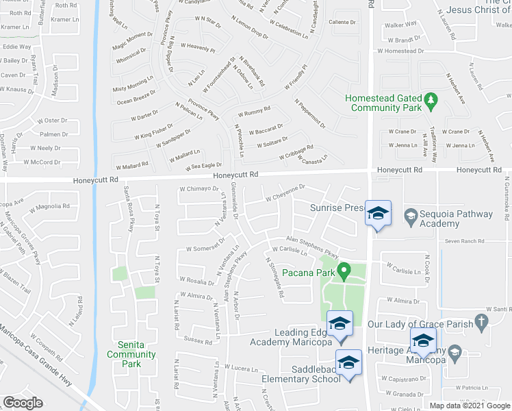 map of restaurants, bars, coffee shops, grocery stores, and more near 42167 West Cheyenne Drive in Maricopa