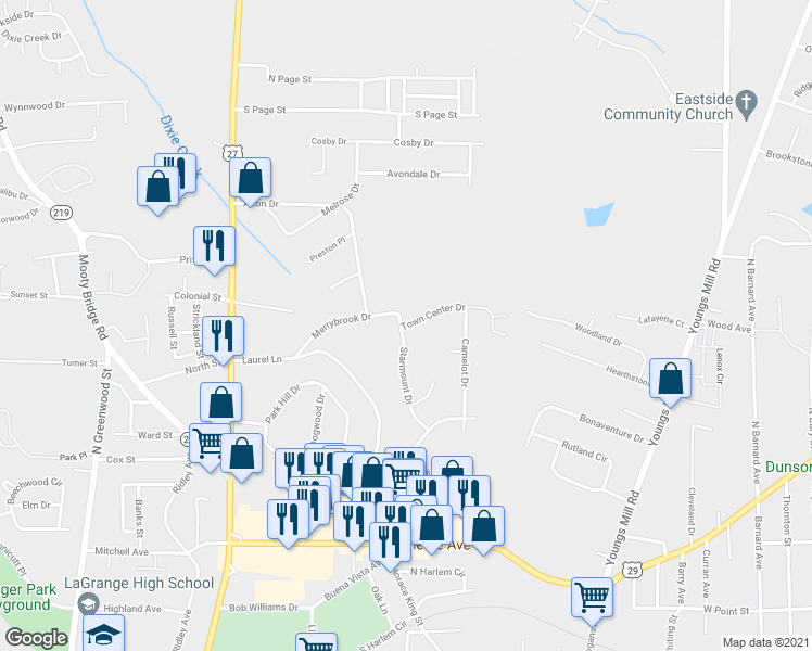 map of restaurants, bars, coffee shops, grocery stores, and more near 405 Town Center Drive in LaGrange