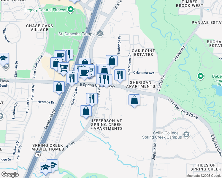 map of restaurants, bars, coffee shops, grocery stores, and more near 1800 East Spring Creek Parkway in Plano