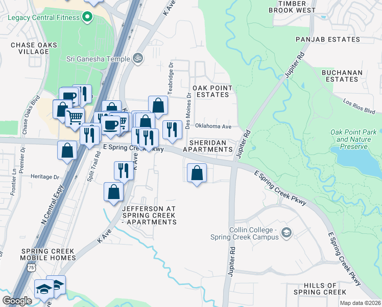 map of restaurants, bars, coffee shops, grocery stores, and more near 1993 East Spring Creek Parkway in Plano
