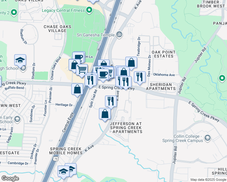 map of restaurants, bars, coffee shops, grocery stores, and more near 1201 East Spring Creek Parkway in Plano