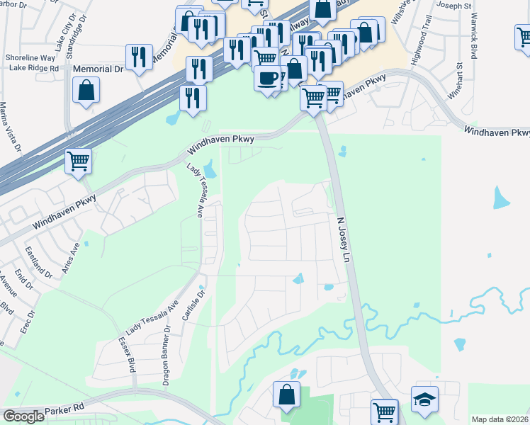 map of restaurants, bars, coffee shops, grocery stores, and more near Crider Road in Lewisville