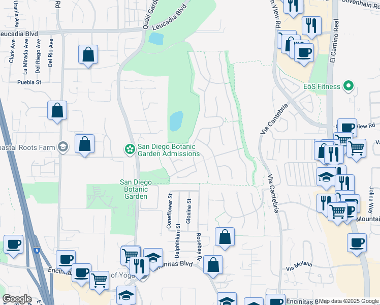 map of restaurants, bars, coffee shops, grocery stores, and more near 590 Cypress Hills Drive in Encinitas
