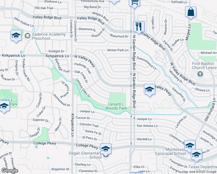 map of restaurants, bars, coffee shops, grocery stores, and more near 1530 North Valley Parkway in Lewisville