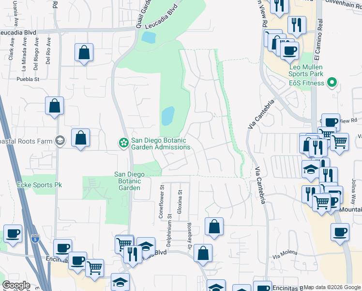 map of restaurants, bars, coffee shops, grocery stores, and more near 590 Cypress Hills Drive in Encinitas