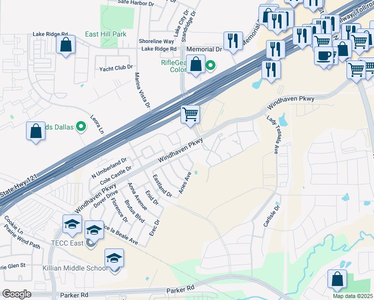 map of restaurants, bars, coffee shops, grocery stores, and more near 3405 Bans Crown Boulevard in The Colony