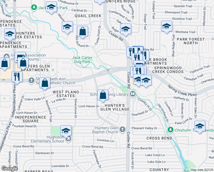 map of restaurants, bars, coffee shops, grocery stores, and more near 2109 Cliffside Drive in Plano