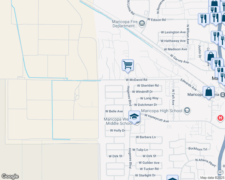 map of restaurants, bars, coffee shops, grocery stores, and more near 46137 West Sheridan Road in Maricopa