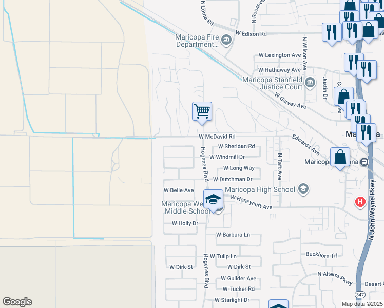 map of restaurants, bars, coffee shops, grocery stores, and more near 45982 West Windmill Drive in Maricopa