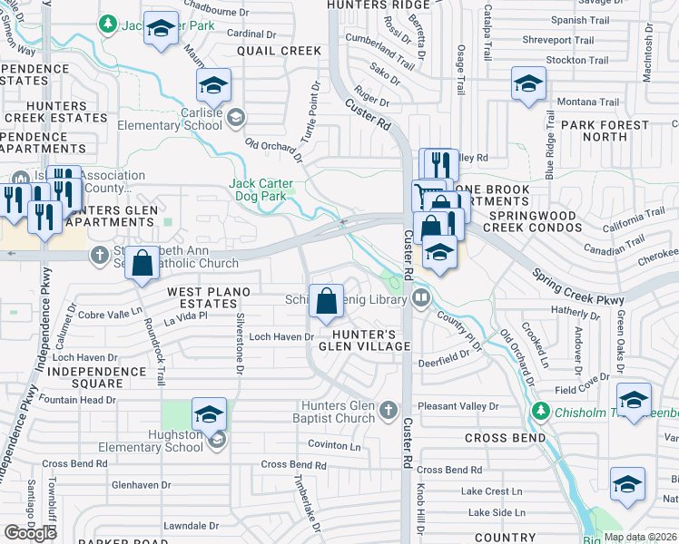 map of restaurants, bars, coffee shops, grocery stores, and more near 2109 Cliffside Drive in Plano