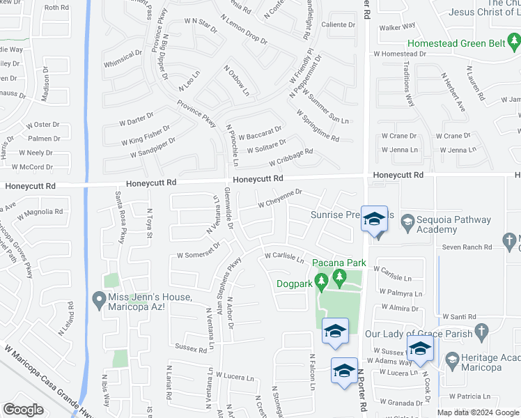 map of restaurants, bars, coffee shops, grocery stores, and more near 42105 West Cheyenne Drive in Maricopa