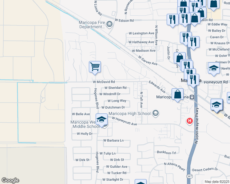 map of restaurants, bars, coffee shops, grocery stores, and more near 45652 Windmill Drive in Maricopa
