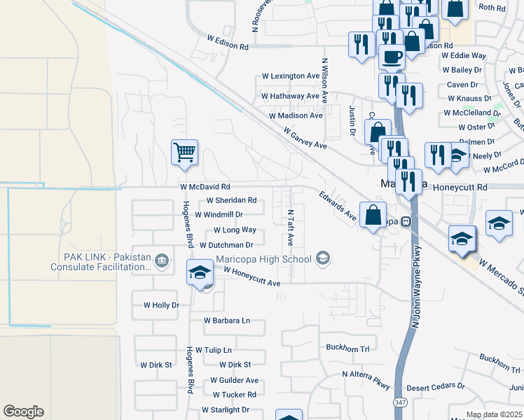 map of restaurants, bars, coffee shops, grocery stores, and more near 19499 North Madison Road in Maricopa