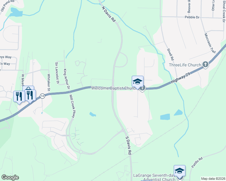 map of restaurants, bars, coffee shops, grocery stores, and more near 185 South Davis Road in LaGrange