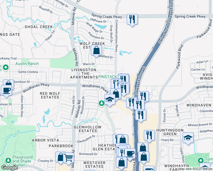 map of restaurants, bars, coffee shops, grocery stores, and more near 6201 Windhaven Parkway in Plano