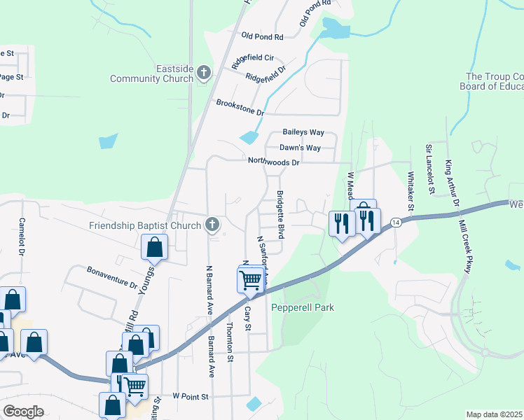 map of restaurants, bars, coffee shops, grocery stores, and more near 101 Sarah Lane in LaGrange