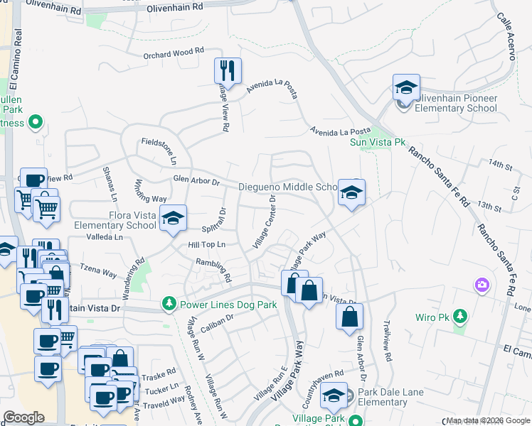 map of restaurants, bars, coffee shops, grocery stores, and more near 1822 Hummock Lane in Encinitas