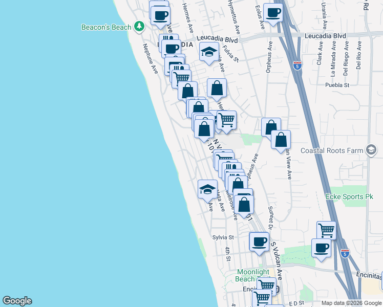 map of restaurants, bars, coffee shops, grocery stores, and more near 445 La Mesa Avenue in Encinitas
