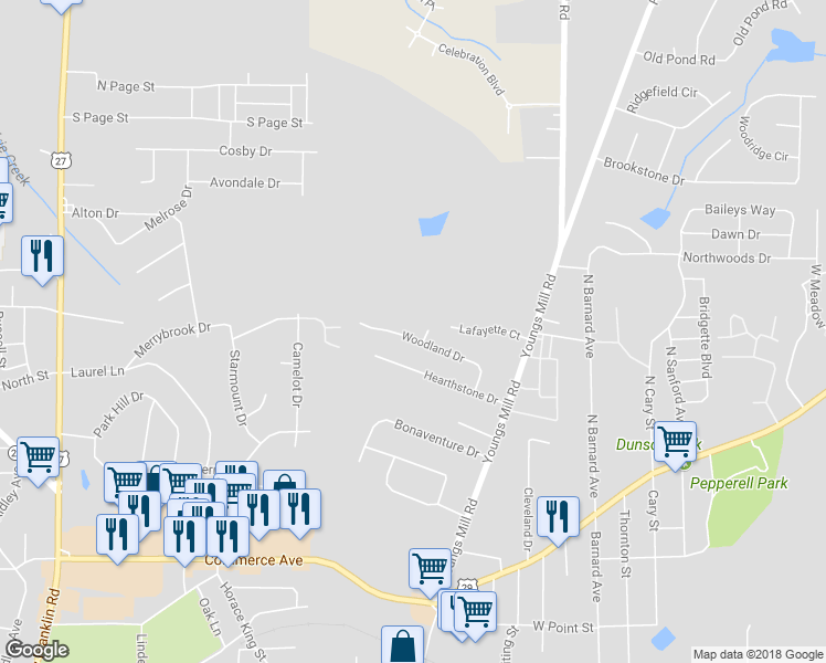 map of restaurants, bars, coffee shops, grocery stores, and more near 402 Woodland Drive in LaGrange