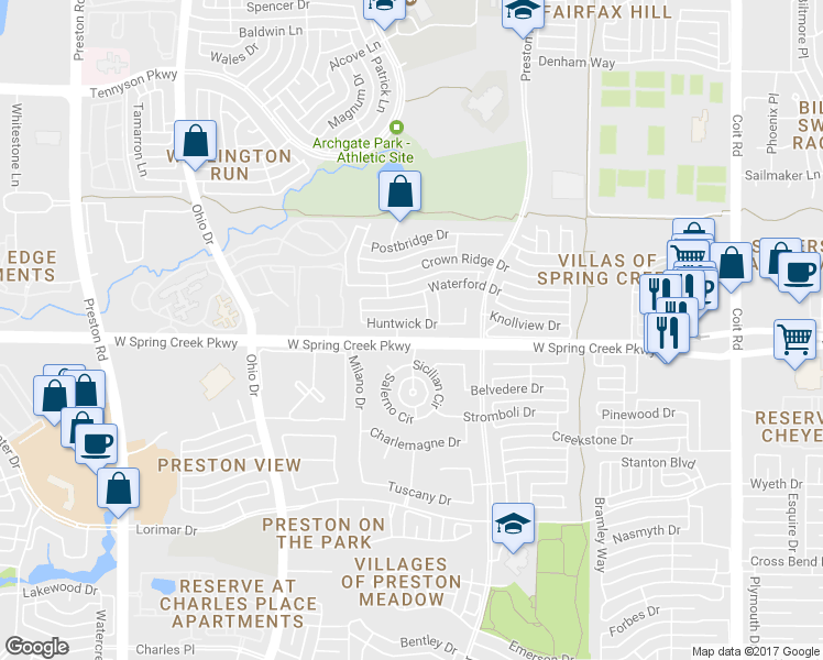 map of restaurants, bars, coffee shops, grocery stores, and more near 4536 Huntwick Drive in Plano
