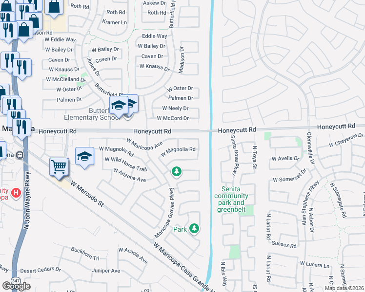 map of restaurants, bars, coffee shops, grocery stores, and more near 43335 West Maricopa Avenue in Maricopa