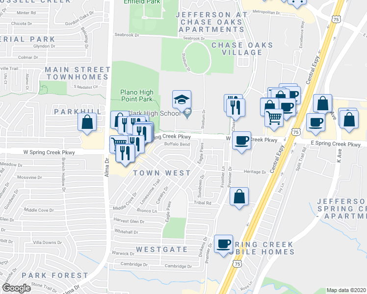 map of restaurants, bars, coffee shops, grocery stores, and more near 608 Buffalo Bend in Plano