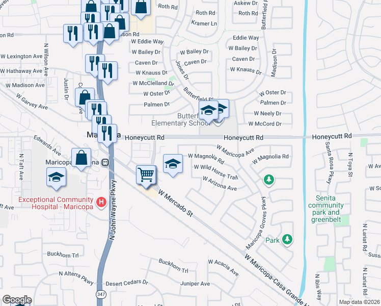 map of restaurants, bars, coffee shops, grocery stores, and more near 44030 West Magnolia Road in Maricopa