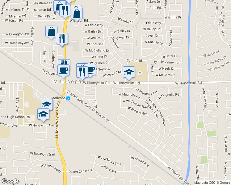 map of restaurants, bars, coffee shops, grocery stores, and more near 44030 West Magnolia Road in Maricopa