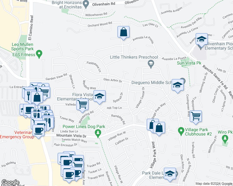 map of restaurants, bars, coffee shops, grocery stores, and more near 1685 Cottage Glen Court in Encinitas
