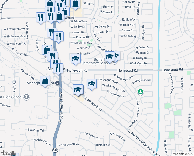 map of restaurants, bars, coffee shops, grocery stores, and more near 44030 West Magnolia Road in Maricopa