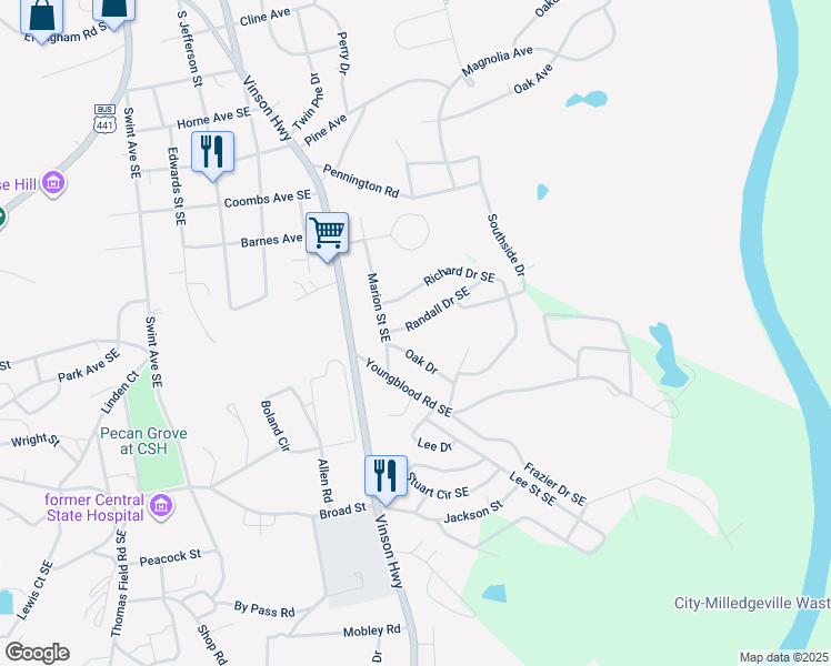 map of restaurants, bars, coffee shops, grocery stores, and more near 107 Randall Dr SE in Milledgeville