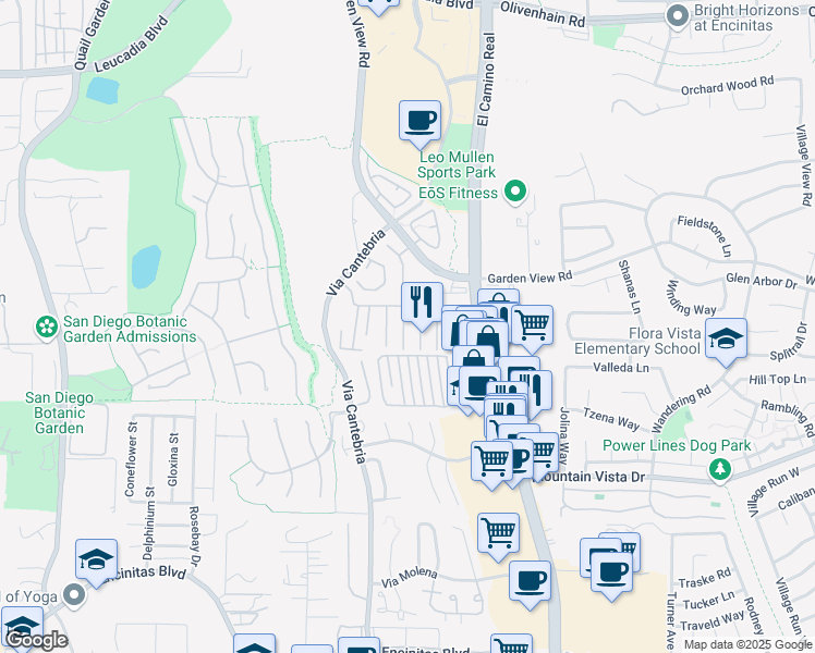 map of restaurants, bars, coffee shops, grocery stores, and more near La Almeda in Encinitas