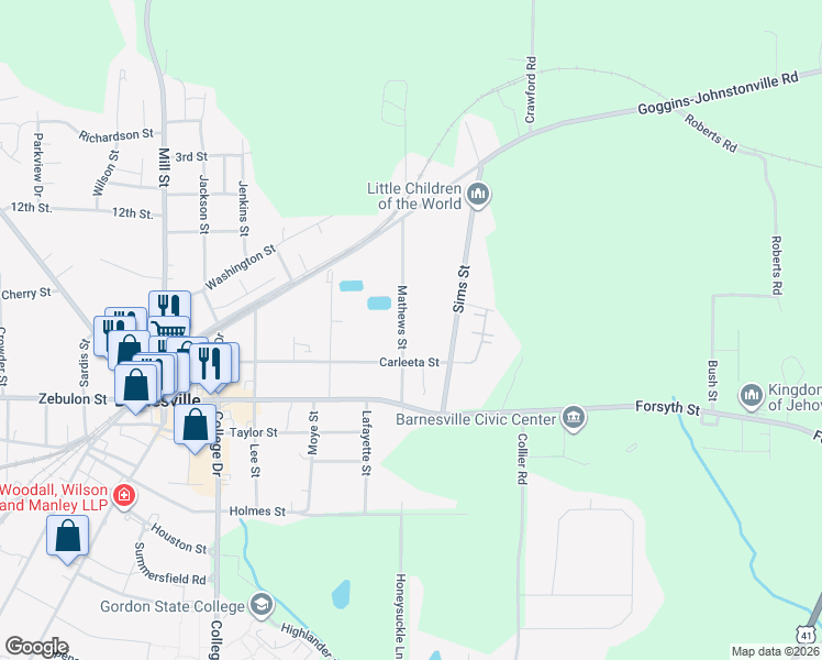 map of restaurants, bars, coffee shops, grocery stores, and more near 215 Mathews Street in Barnesville