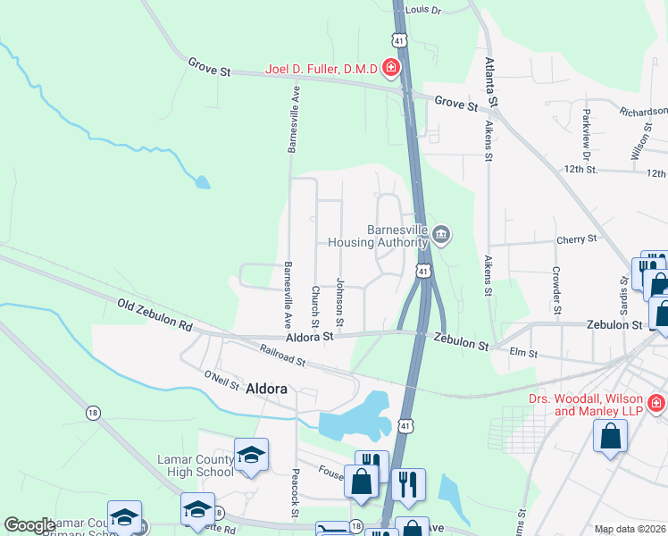 map of restaurants, bars, coffee shops, grocery stores, and more near 138 Johnson Street in Barnesville
