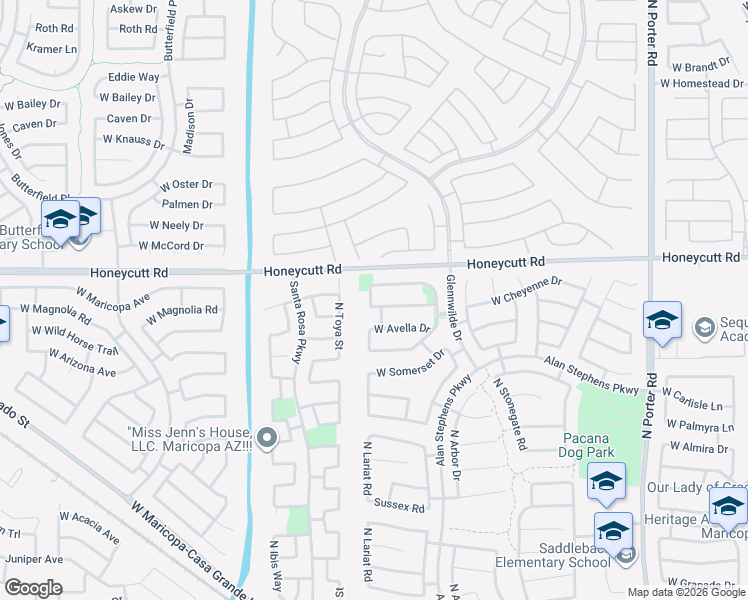 map of restaurants, bars, coffee shops, grocery stores, and more near 19532 North Lariat Road in Maricopa