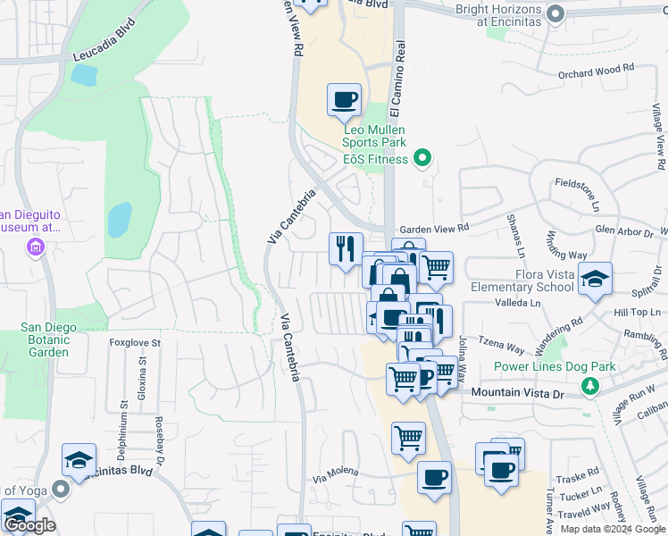 map of restaurants, bars, coffee shops, grocery stores, and more near Loma Verde in Encinitas