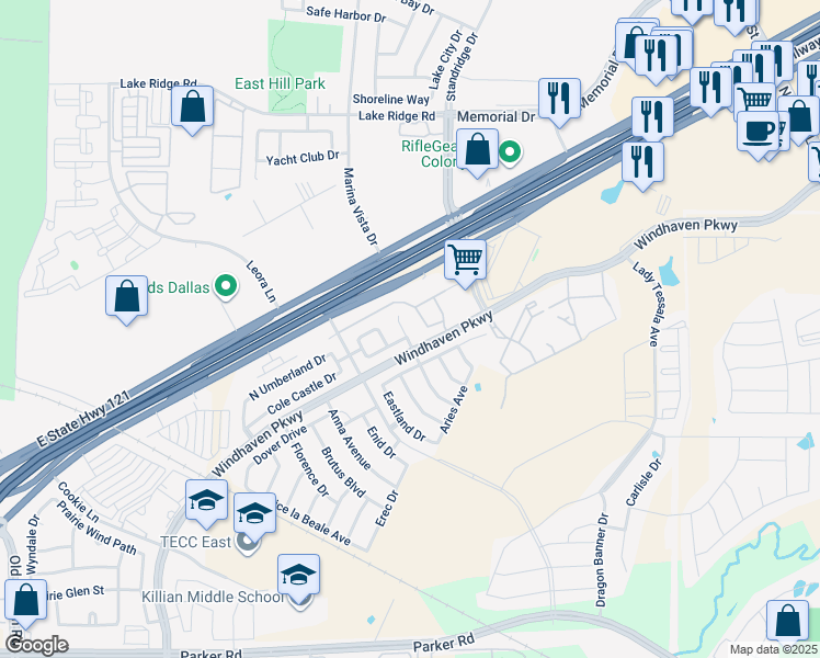 map of restaurants, bars, coffee shops, grocery stores, and more near 205 Vagon Castle Lane in Lewisville