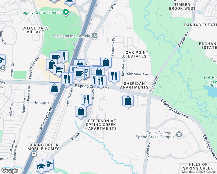 map of restaurants, bars, coffee shops, grocery stores, and more near 1814 East Spring Creek Parkway in Plano