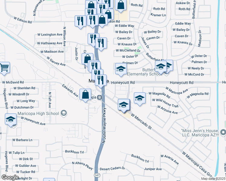 map of restaurants, bars, coffee shops, grocery stores, and more near 19514 North Main Street in Maricopa