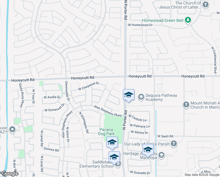 map of restaurants, bars, coffee shops, grocery stores, and more near 19488 North Falcon Lane in Maricopa