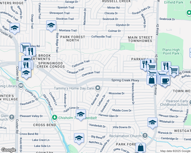 map of restaurants, bars, coffee shops, grocery stores, and more near 1509 Spring Creek Parkway in Plano