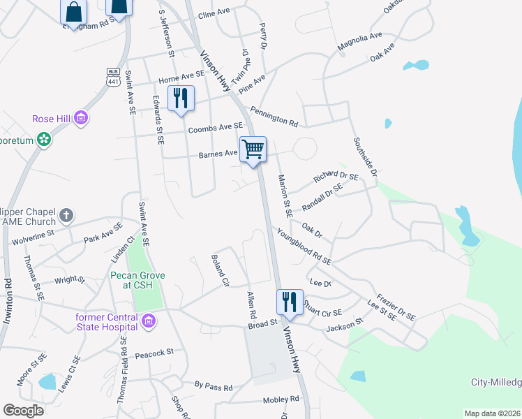 map of restaurants, bars, coffee shops, grocery stores, and more near 1865 Vinson Highway Southeast in Milledgeville