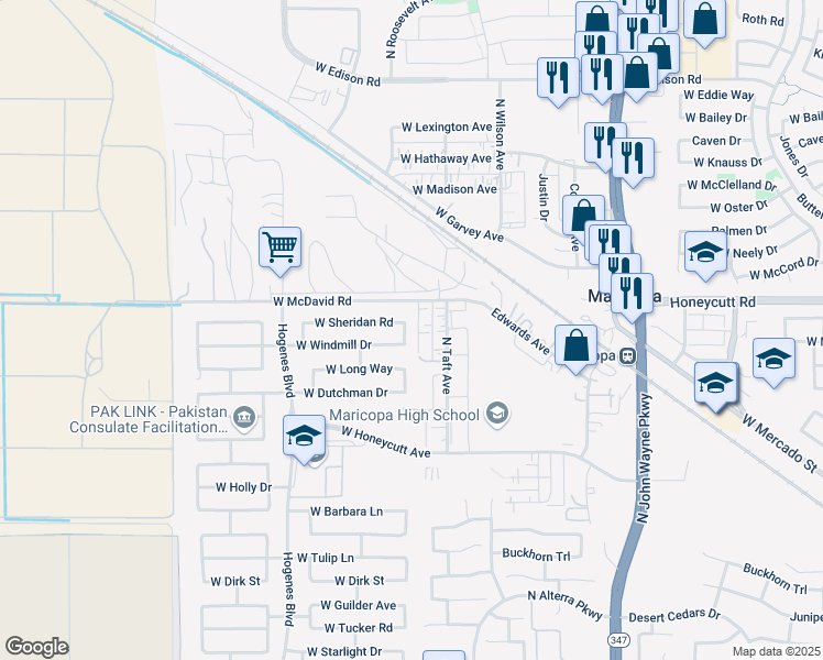 map of restaurants, bars, coffee shops, grocery stores, and more near 19499 North Madison Road in Maricopa