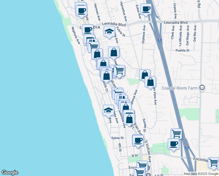 map of restaurants, bars, coffee shops, grocery stores, and more near 414 North Coast Highway 101 in Encinitas