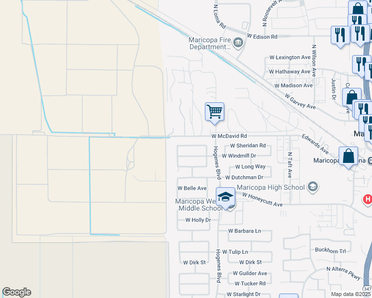map of restaurants, bars, coffee shops, grocery stores, and more near 46137 West Sheridan Road in Maricopa