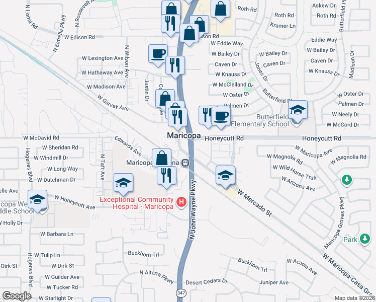 map of restaurants, bars, coffee shops, grocery stores, and more near 44630 West Maricopa-Casa Grande Highway in Maricopa