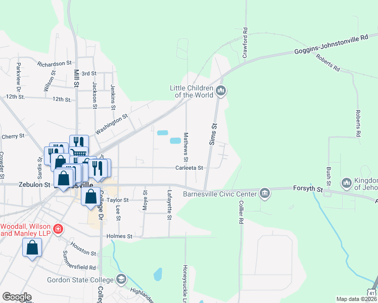 map of restaurants, bars, coffee shops, grocery stores, and more near 215 Mathews Street in Barnesville