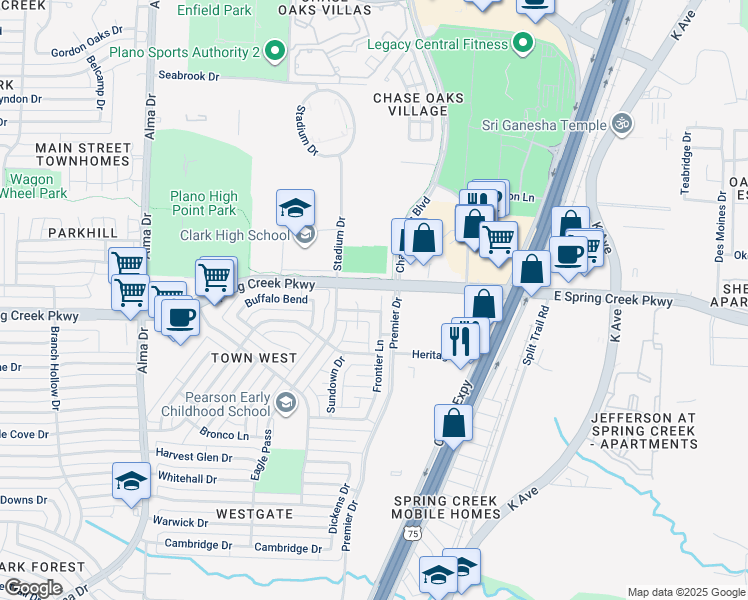 map of restaurants, bars, coffee shops, grocery stores, and more near 6020 Pinto Court in Plano